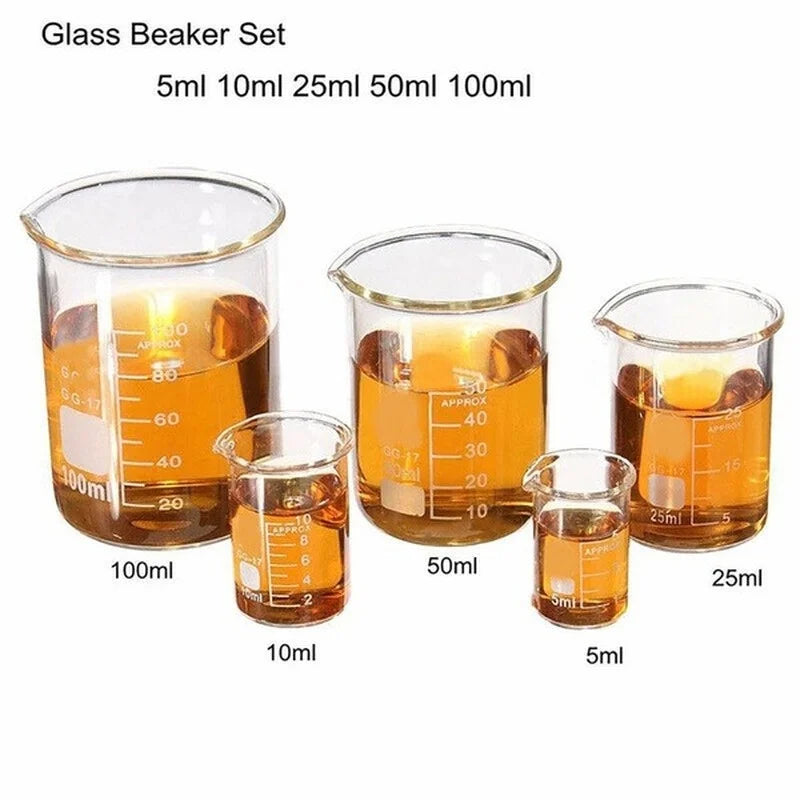 5Pcs Glass Beaker Set 5/10/25/50/100Ml Borosilicate Glass Laboratory Measuring Cup Glassware School Study Lab Educational Supply