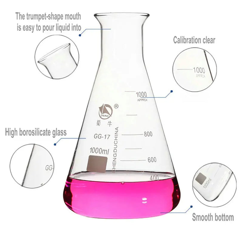 1Piece 50Ml/100Ml/150Ml/200Ml/250Ml/300Ml/500Ml/1000Ml Borosilicate Glass Conical Erlenmeyer Flask for Lab Chemical Equipment