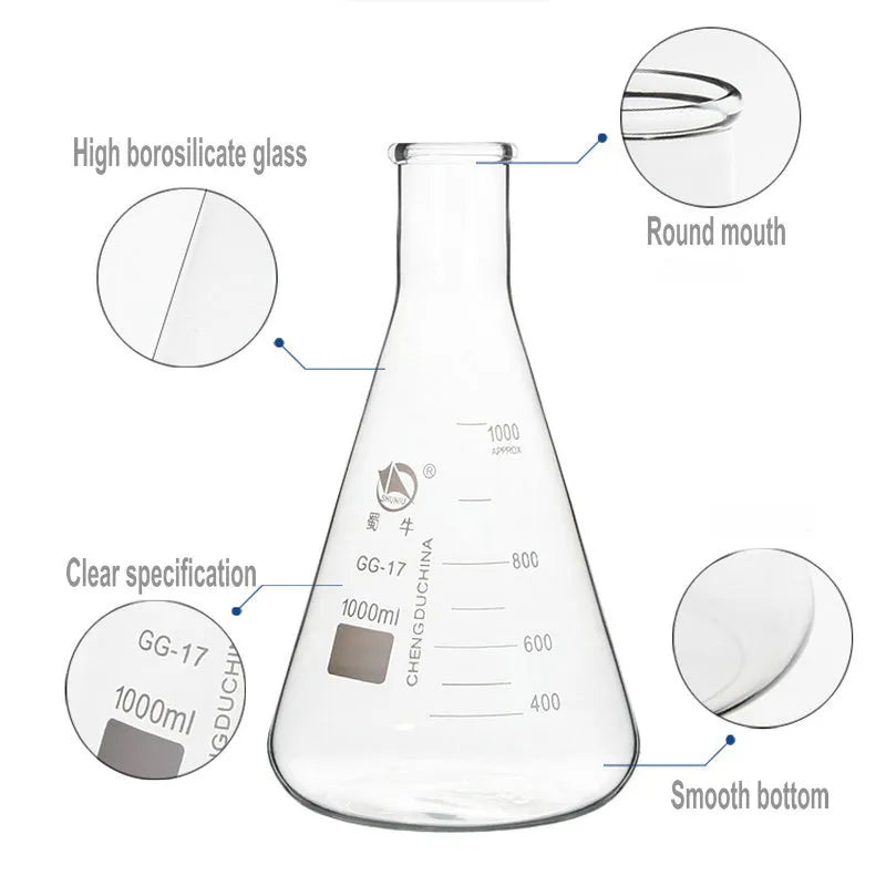 1Piece 50Ml/100Ml/150Ml/200Ml/250Ml/300Ml/500Ml/1000Ml Borosilicate Glass Conical Erlenmeyer Flask for Lab Chemical Equipment